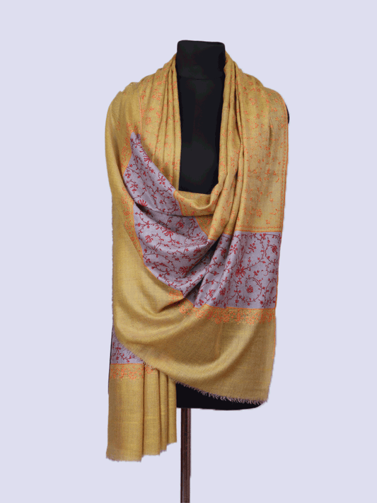 Mustard Lilac Jaalidaar Embroidered Pashmina Shawl.