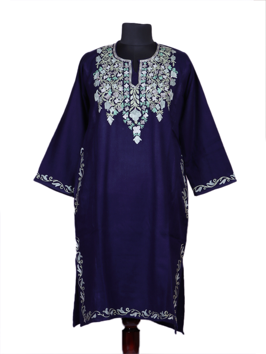 Mahrosh: dark blue nich poshkar Aari Embroidery cashmilon pheran