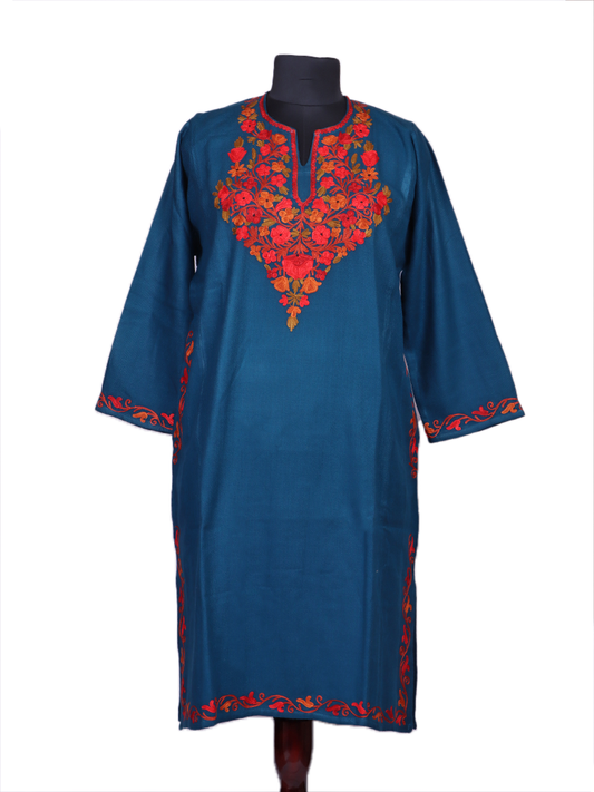 Resham-e-rang: cobalt blue nich poshkar Aari Embroidery  pheran