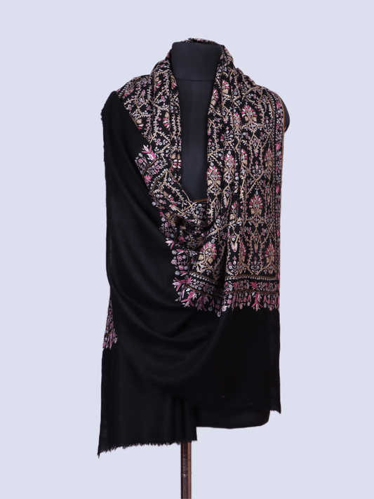 Pink Adorned Black Jama Pashmina Shawl