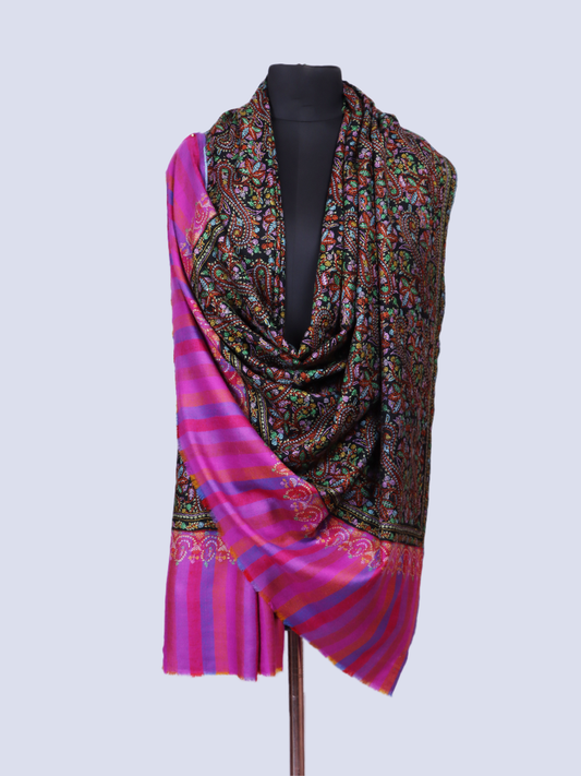 Pallu Stripped Black Jama Pashmina Shawl