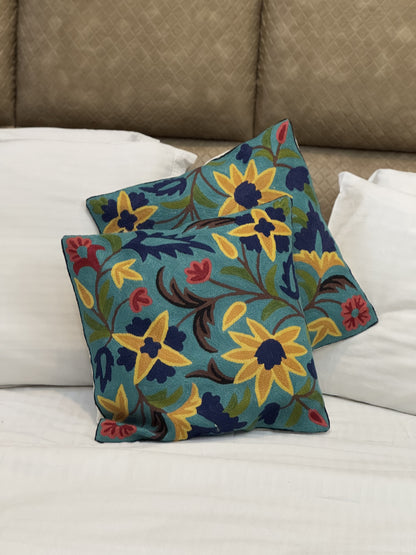 Sunflower Design Handmade Chainstitch Cushion Cover (Set of Two)