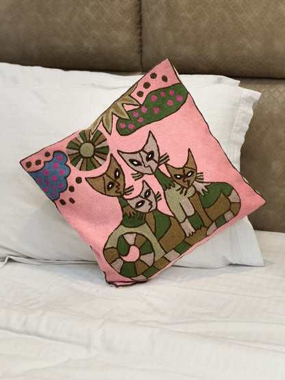 Cat Kitten Design Handmade Chainstitch Cushion Cover (Set of Two)