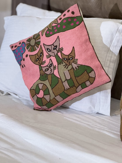 Cat Kitten Design Handmade Chainstitch Cushion Cover (Set of Two)