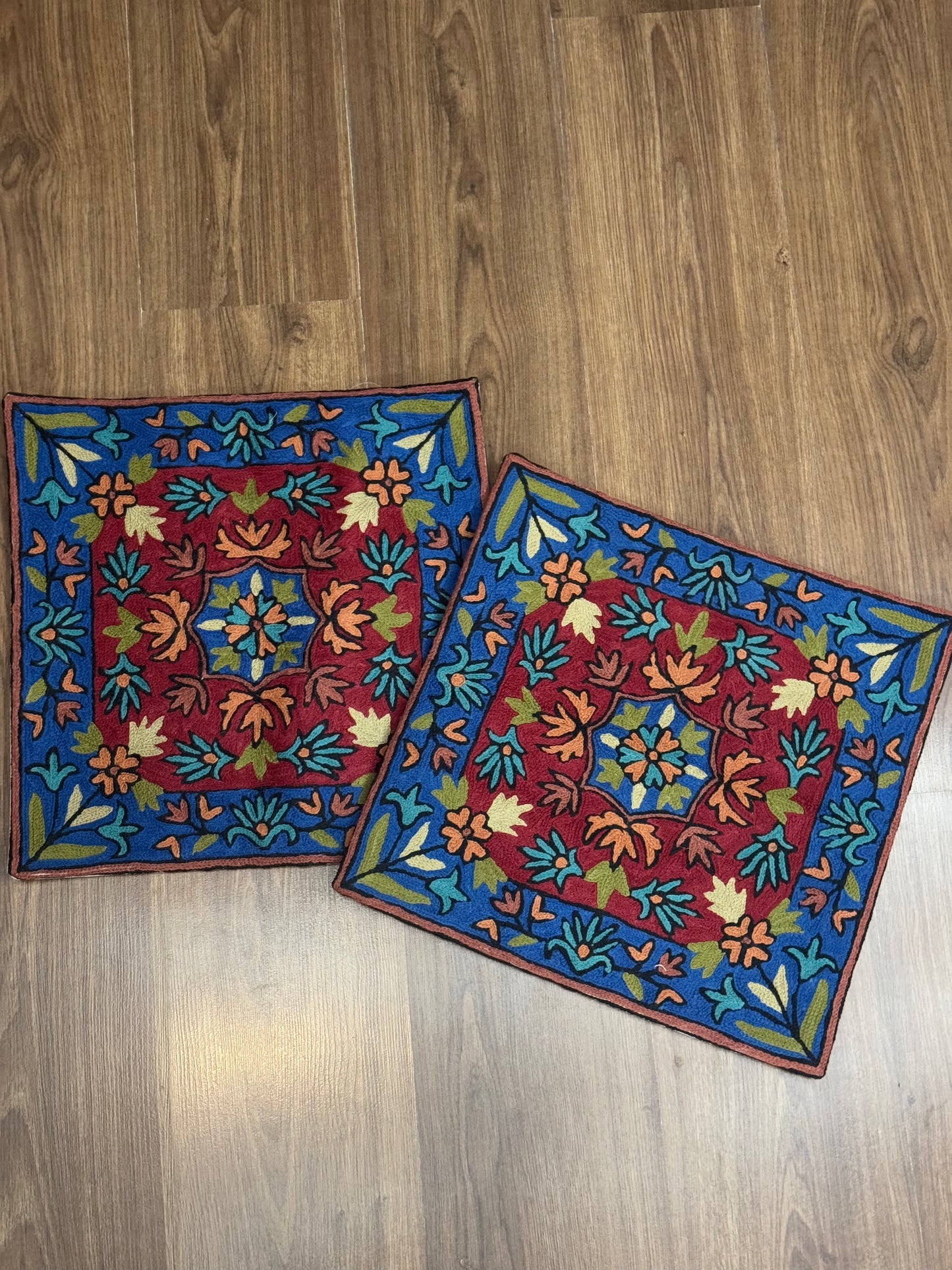 Blue And Red Handmade Chainstitch Cushion Cover (Set of Two)