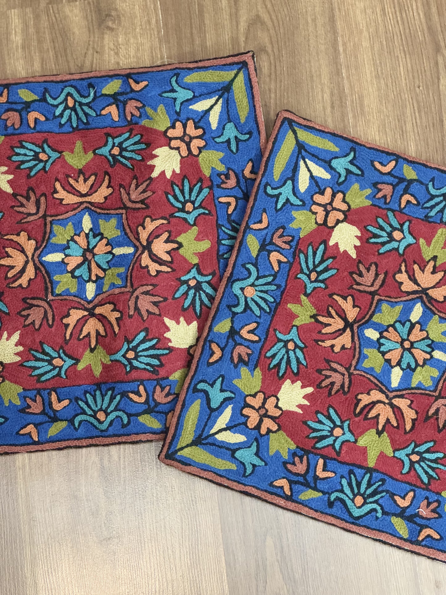 Blue And Red Handmade Chainstitch Cushion Cover (Set of Two)