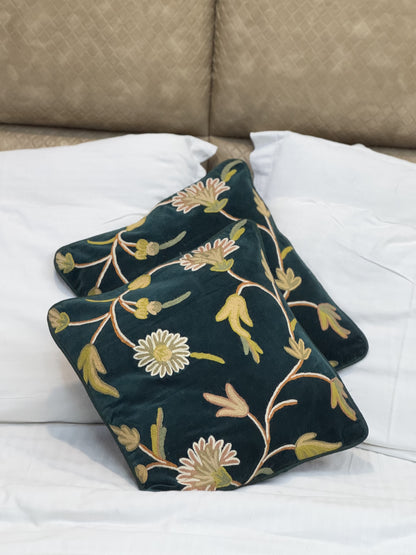 Floral Velvet Handmade Chainstitch Cushion Cover (Set of Two)