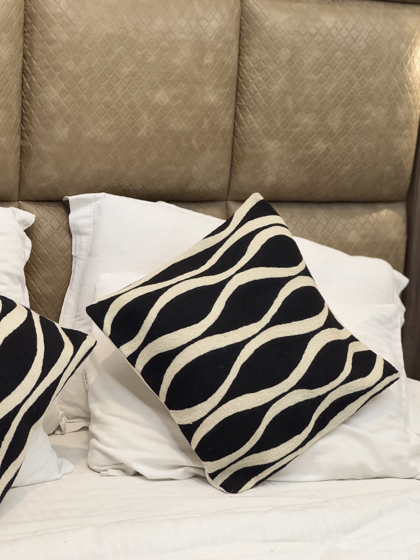 Black and White Handmade Chainstitch Cushion Cover (Set of Two)